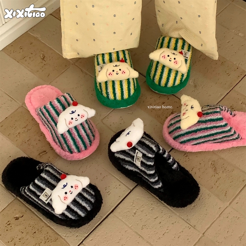 细细条樱桃小狗撞色条纹毛毛鞋