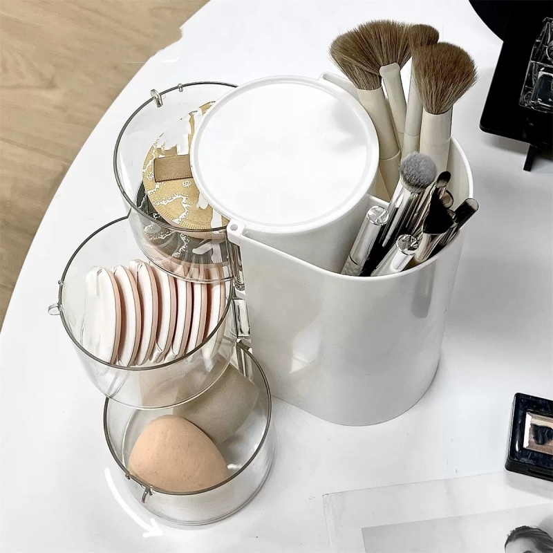 粉扑收纳盒旋转防尘梳妆台桌面美妆蛋眉笔架气垫口红化状品置物架