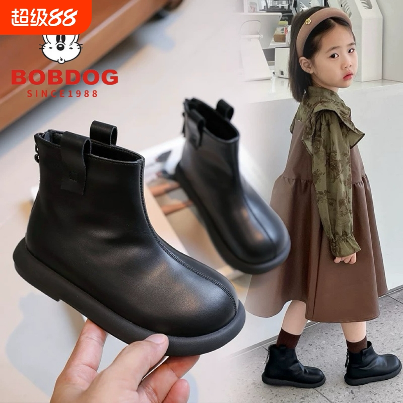 巴布豆女童靴儿童短靴二棉加绒鞋子冬季女宝宝皮靴女孩马丁靴童鞋