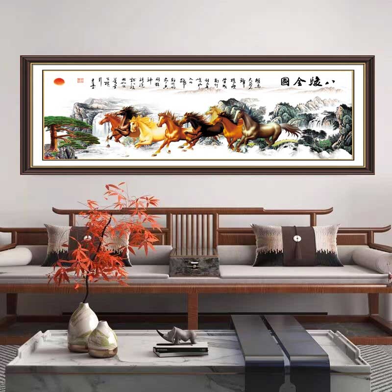 八骏图客厅贴画八匹马骏马装饰画奔马图新中式客厅遮挡自粘贴画