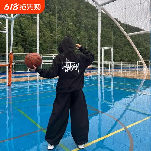 潮牌斯图西Stu卫衣连帽黑八刺绣运动跑步宽松套头上衣秋樱桃帽子