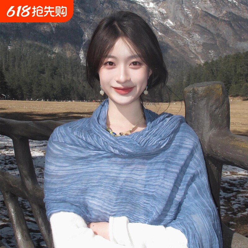 新款民族风文艺薄款棉麻围巾女大西北川西旅游丝巾氛围感披肩外搭