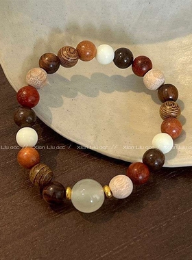 KANCAI檀木多宝珠六字箴言手链女情侣手饰中式古风手串转运黑曜石