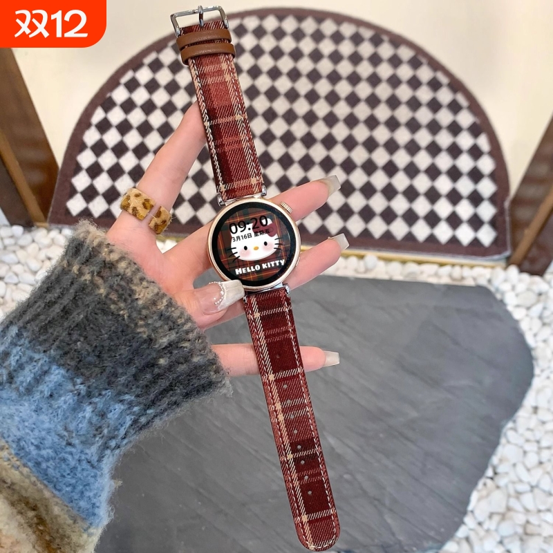 适用华为手表gt6韩风格纹表带watch3/gt4pro秋冬复古gt2皮质女gt5/watch5智能运动腕带红棕色硅胶表带