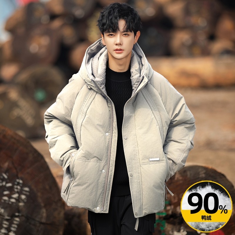 白鸭绒保暖加厚连帽短款羽绒服男士冬装新款设计感潮流宽松面包服