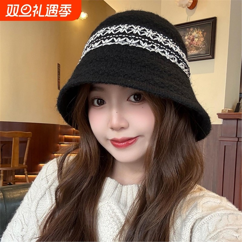 帽子女士渔夫帽冬季韩版时尚拼色保暖护耳显脸小百搭水桶帽