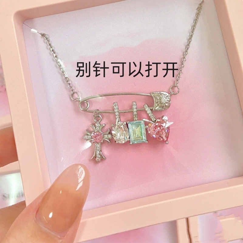 不掉色别针项链十字架锆石回形针项链女小众糖果色爱心吊坠锁骨链