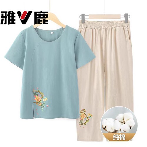 妈妈装夏款套装中老年纯棉短袖T