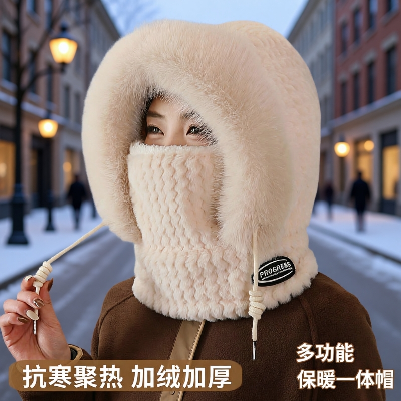 帽子围巾口罩三件套女防风帽冬季加厚保暖围脖帽一体加绒骑车防护