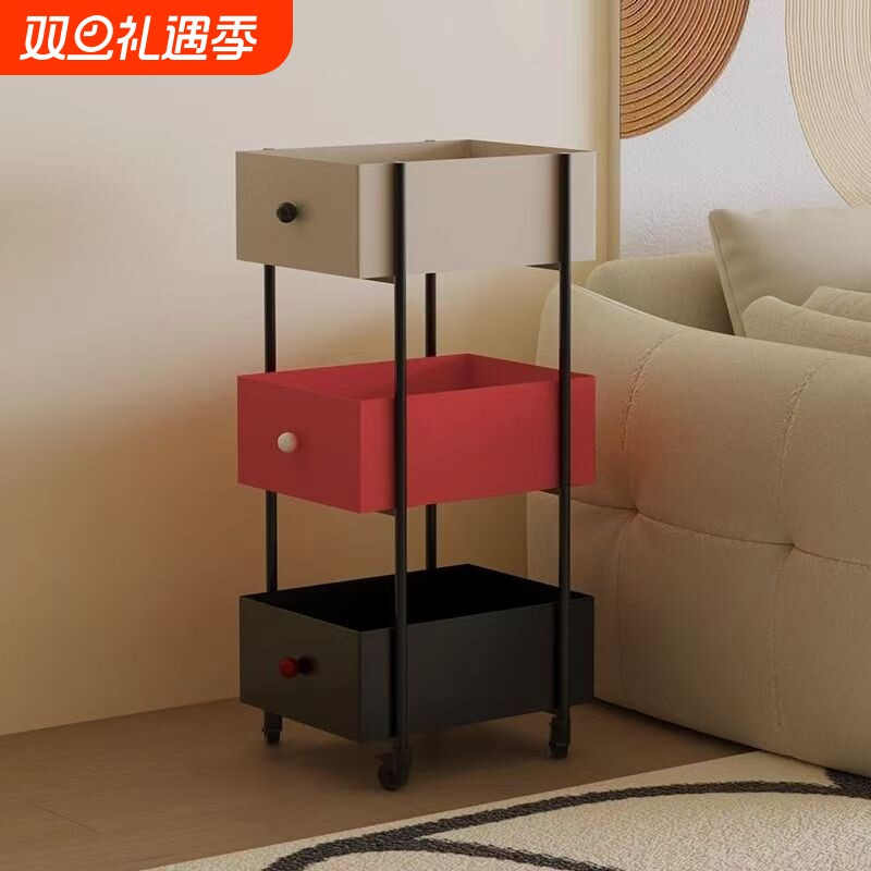 三层家用置物架卧室移动收纳书架中古零食小推车高颜值厨房多层