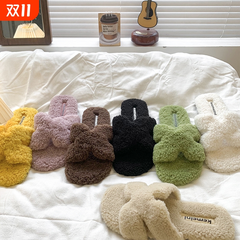 复古法式一字棉拖鞋女外穿2025新款秋冬高级感舒适平底孕妇毛毛拖