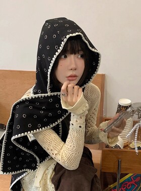 2025新款韩国东大门帽子围巾一体ins笑脸保暖围巾女冬天披肩外搭