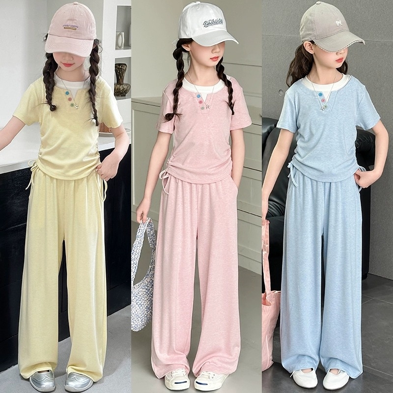 女童夏季短袖套装2025新款女大童时髦休闲穿搭儿童夏装垂感阔腿裤
