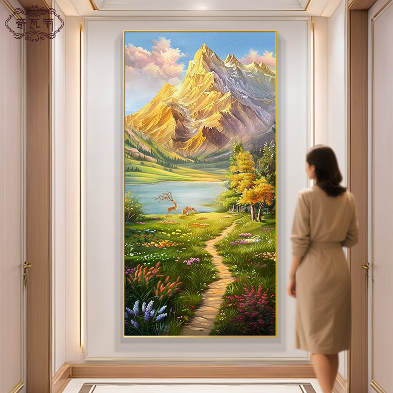 玄关画2025年新款高端入户正对门挂画走廊过道装饰画山水手绘油画