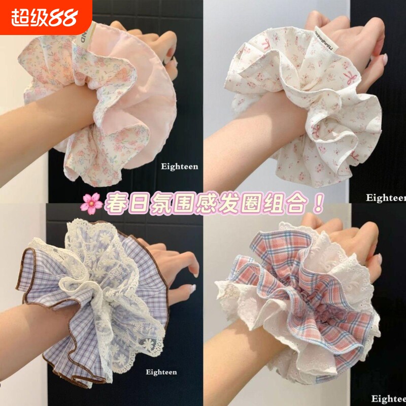 大肠发圈韩系蕾丝格子四层丸子马尾发饰超大头绳发绳蝴蝶结双层图片