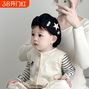 儿童帽子春秋季保暖防风贝雷帽男女宝宝前进鸭舌帽冬秋天新款黑色