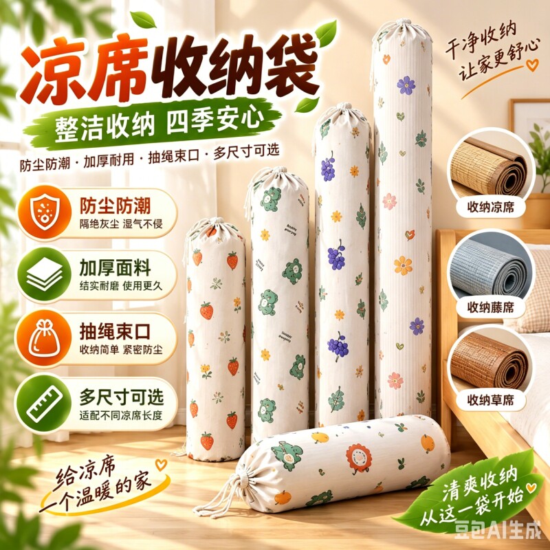 凉席收纳袋直筒防尘罩子竹席套PE袋防潮折叠软草席防潮束口袋宿舍