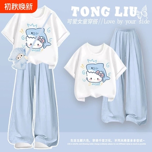 女童裤子短袖T恤2026新款夏套装女大童初中生的夏卡通半身裙上衣