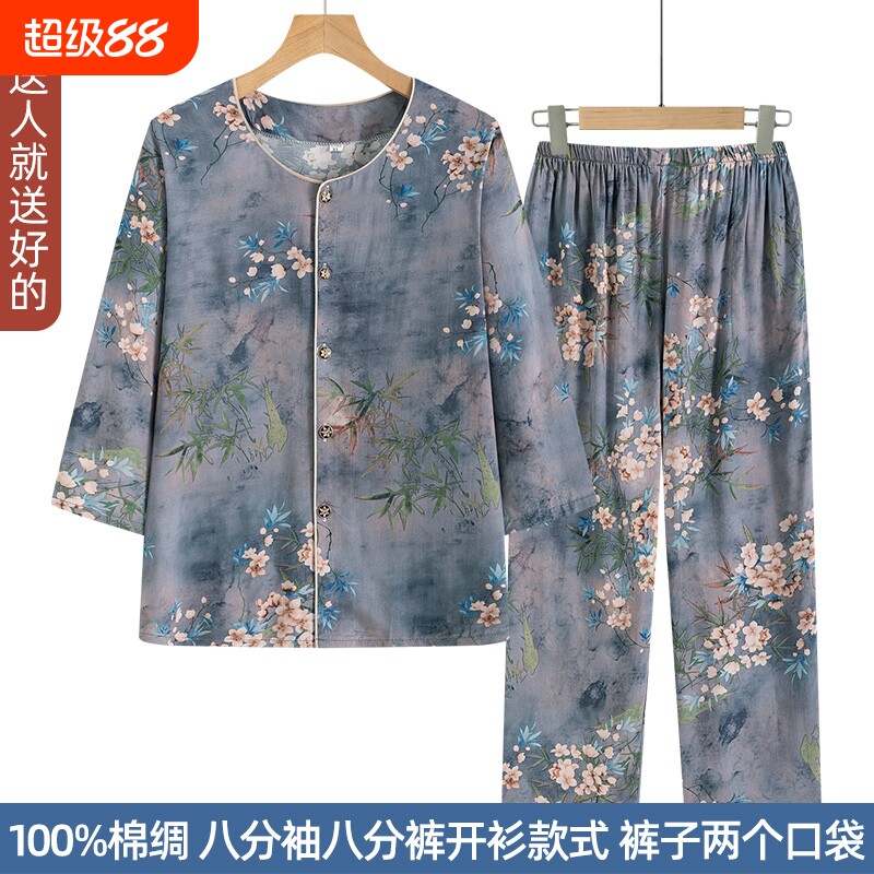 奶奶夏装棉绸开衫套装中老年女装图片
