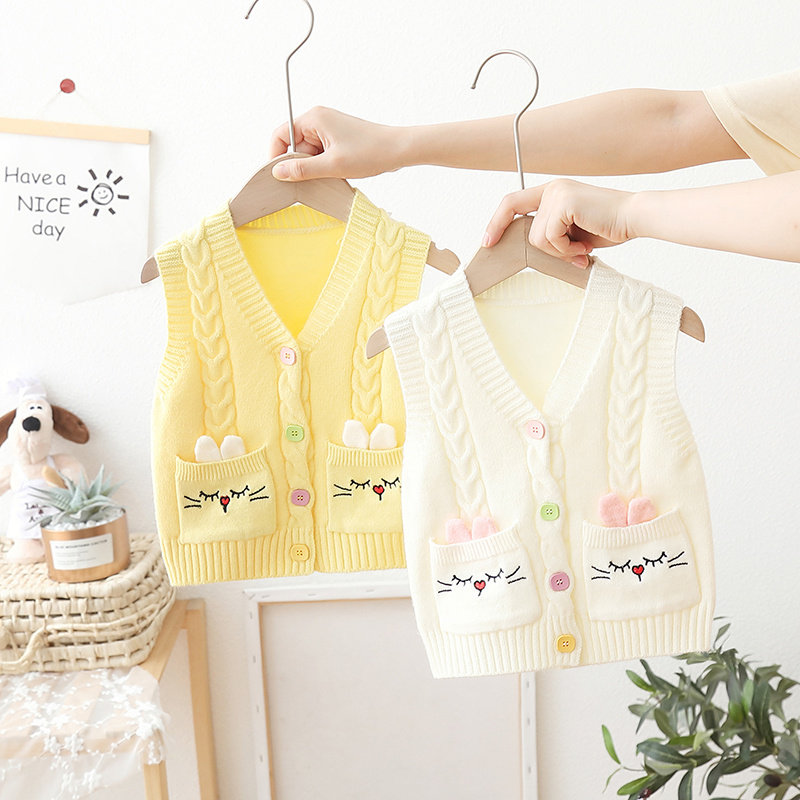 女宝宝儿童针织衫毛衣薄款女童春秋款套头马甲镂空v领背心婴儿