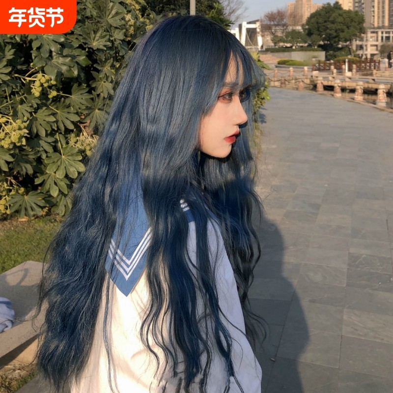 速卖通新品假发女烟灰蓝色玉米烫长卷发可爱羊毛卷化纤全头套批发