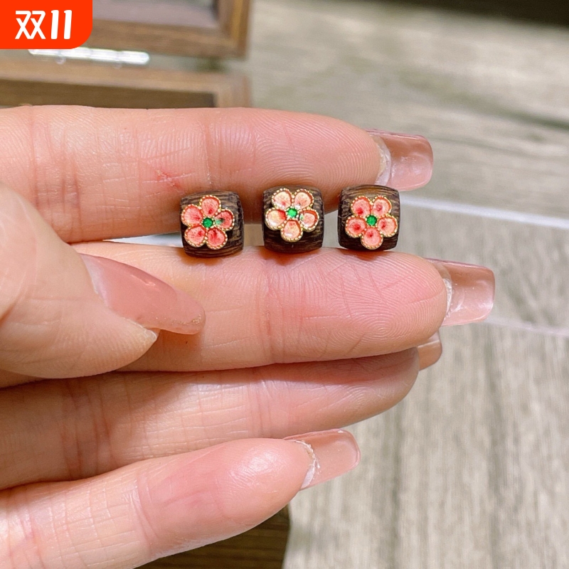 古法金镶嵌沉香木散珠小桃花配件文玩手工diy配饰手串配件隔珠