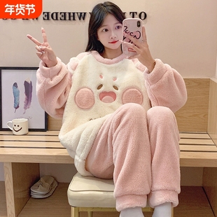 可爱兔耳珊瑚绒睡衣女款秋冬季加厚加绒法兰绒家居服冬天学生上衣