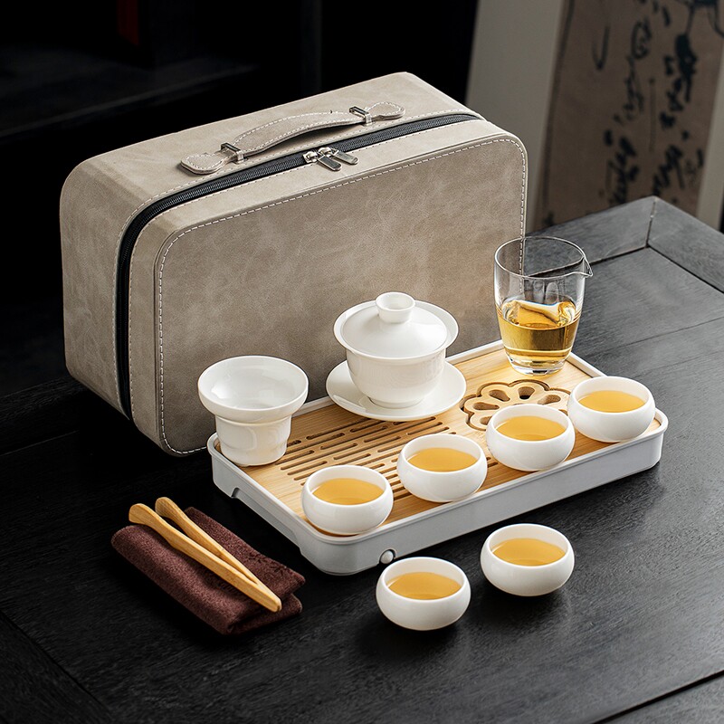 唐丰羊脂玉白瓷旅行茶具套装户外便携泡茶装备一整套带茶盘快客杯