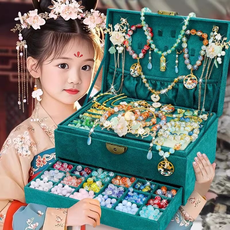 儿童串珠手工diy项链材料女孩子玩具古风发簪首饰盒套装5生日礼物