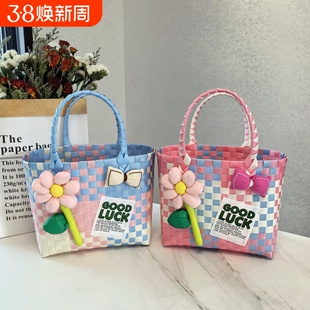 新品野餐包手提塑编包大容量编织包包可爱粉色系清新拼色格子包