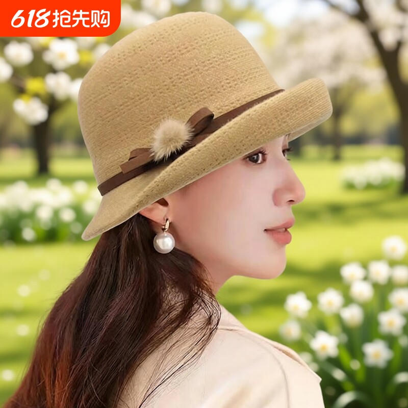 赫本风帽子女士渔夫帽子女洋气卷边礼帽秋冬保暖盆帽可折叠蝴蝶结