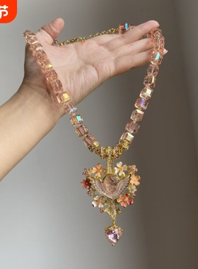 「睡梦天使」粉色串珠爱心流苏项链复古珐琅轻奢气质vintage项链