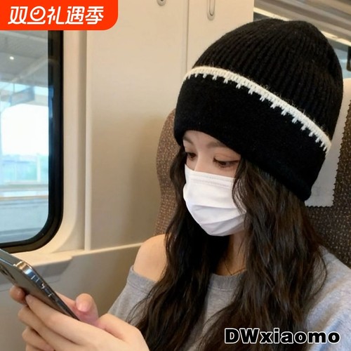 一戴即！秋冬套头帽时尚亮片毛绒针织帽黑色保暖冷帽毛线帽女卷边