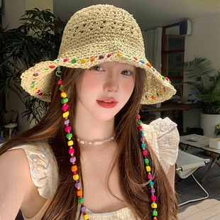 彩色編織草編帽女夏季 度假風大帽檐防曬帽遮陽漁夫帽草帽2025 新款
