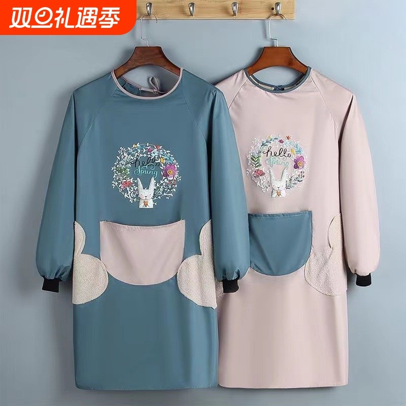 可擦手做饭围裙防油防水含袖套全身防护反穿围裙加大加厚长袖罩衣