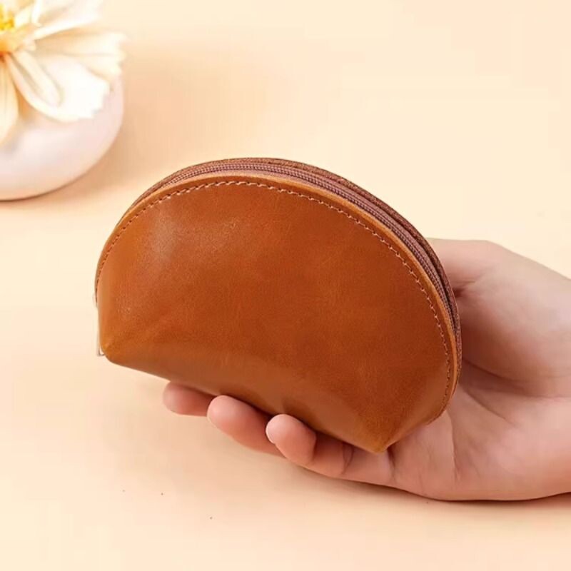 复古油蜡皮小钱包女款简约迷你贝壳形实用耳机硬币口红钥匙收纳包
