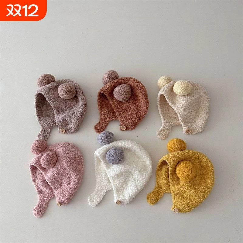 在下婴儿帽子秋冬款新生婴幼儿护耳帽可爱保暖男女宝宝针织毛绒帽