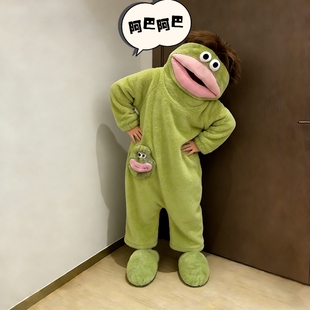 可爱搞怪儿童头发小丑鱼连体睡衣女秋冬季加绒加保暖珊瑚绒家居服