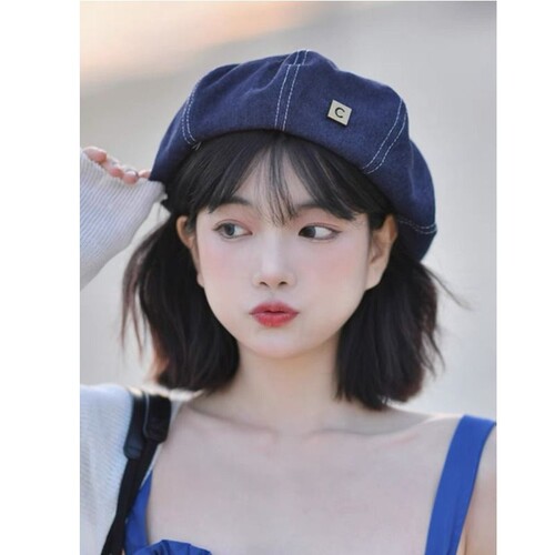 新款牛仔贝雷帽金属标画家八角帽复古春云朵帽子小众百搭报童帽