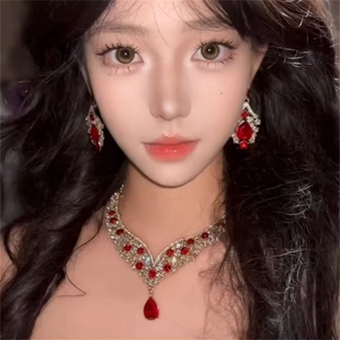 zoozmomo时髦红色夸张项链耳环套装女奢华锆石宴会礼服锁骨链