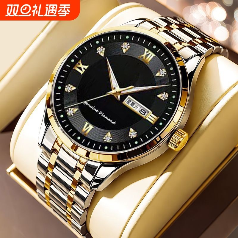 正品瑞士2024新款手表男士全自动机械风防水精钢带双日历男表夜光