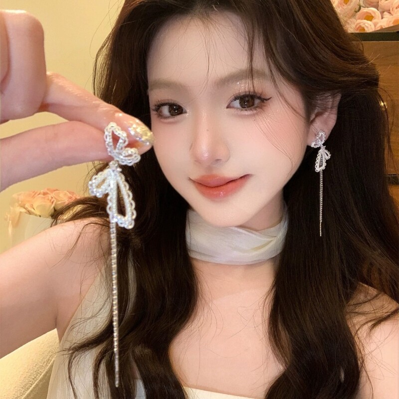 精致法式蝴蝶结耳环女轻奢高级感气质耳钉小众设计长款流苏耳饰图片