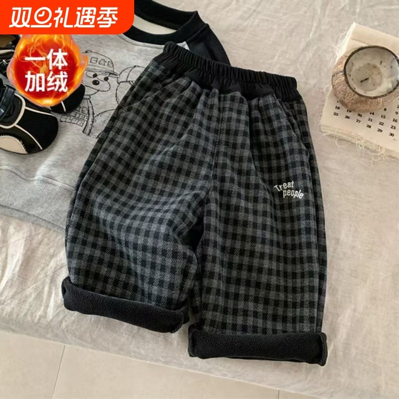 女童冬季一条过冬运动裤中大童时尚冬款加绒格子裤束脚哈伦裤靴裤