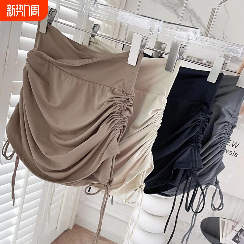 夏季瑜伽运动短裙女速干裙防走光跑步健身裤裙大码半身包臀裙抽绳