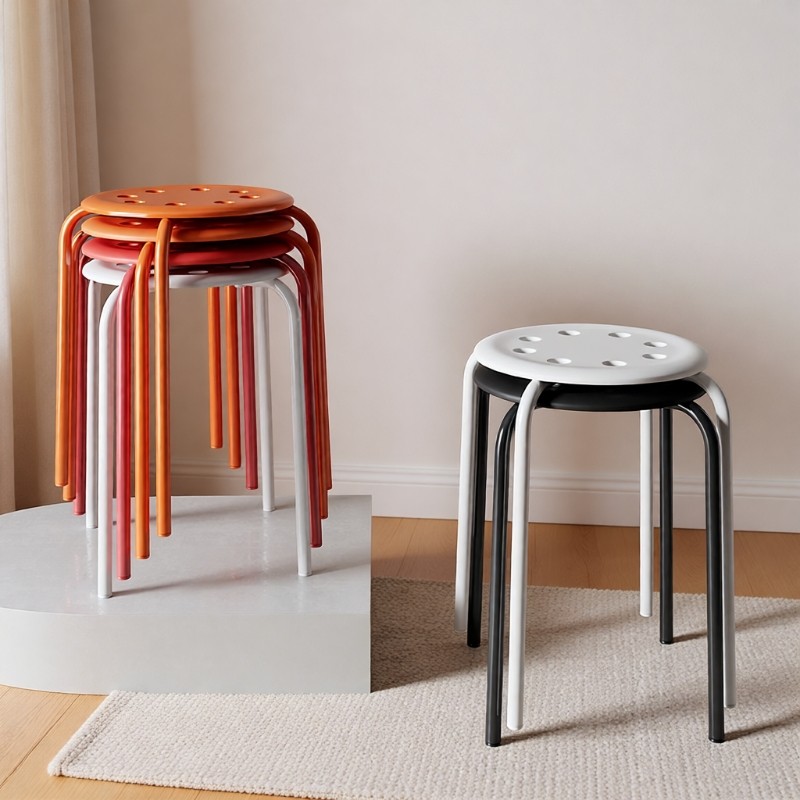 圆凳家用餐厅塑料板凳餐桌凳子加厚独凳铁腿小椅子可叠放收纳结实