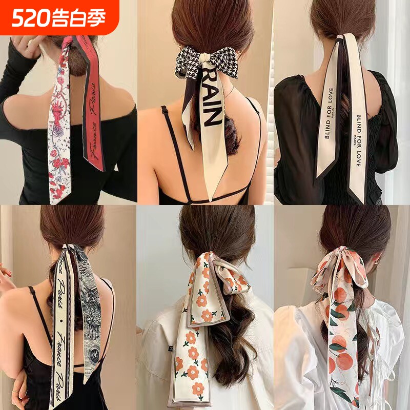法式网红发带女生丝巾复古蝴蝶结绑发飘带细窄多功能包包丝带套装