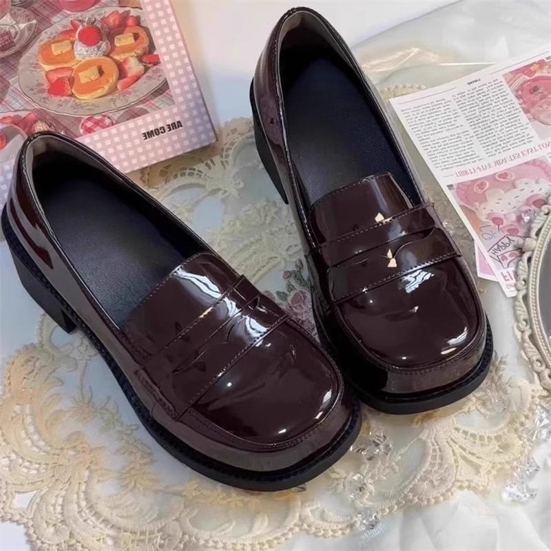 京泽高校木马原创黑色小方头jk制服鞋高跟学院风小皮鞋中跟单鞋女