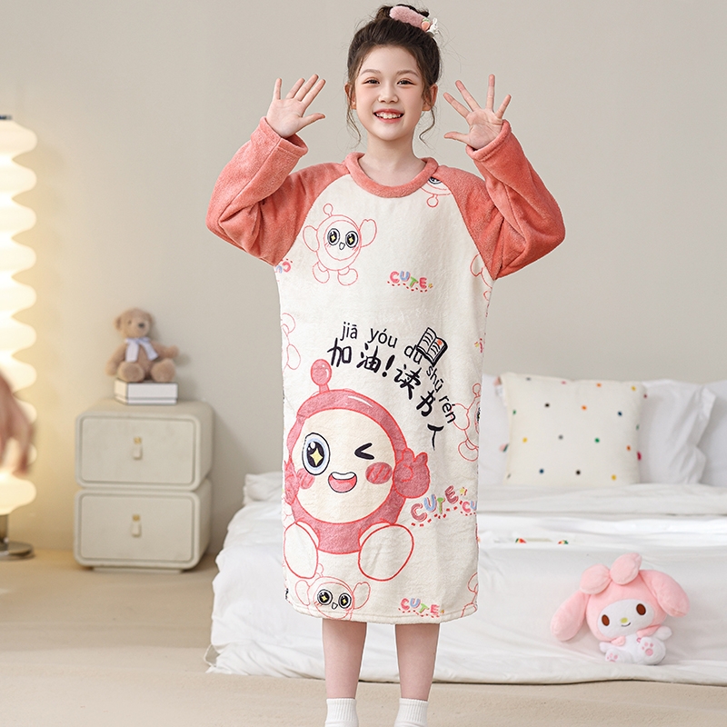 儿童睡裙秋冬季珊瑚绒保暖女孩薄款法兰绒新款女童睡衣蛋仔家居服