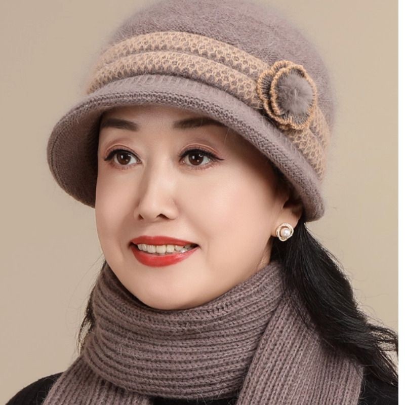 女士帽子冬天妈妈奶奶加绒保暖毛线帽中老年人防寒棉帽老太太红色