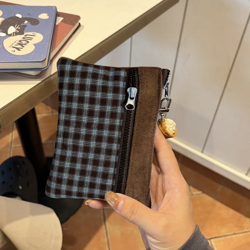 时尚撞色蓝咖格子布艺零钱包双层迷你化妆包卡包证件包ccd收纳包